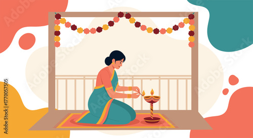 An illustration depicts a woman in traditional attire lighting a diya, symbolizing the festive spirit and cultural significance of the occasion.