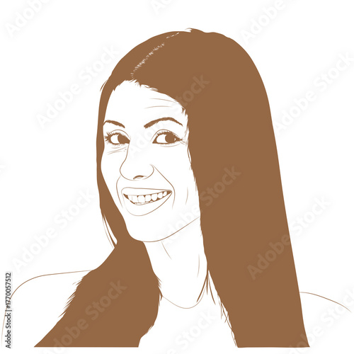 A brown monochrome line-art illustration of a smiling woman. Her long hair cascades down, emphasizing a warm, engaged expression looking towards the viewer.