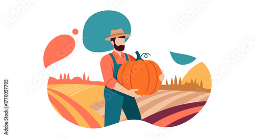 A farmer in overalls and a hat carries a large pumpkin across a colorful field, symbolizing the harvest season and agricultural work.