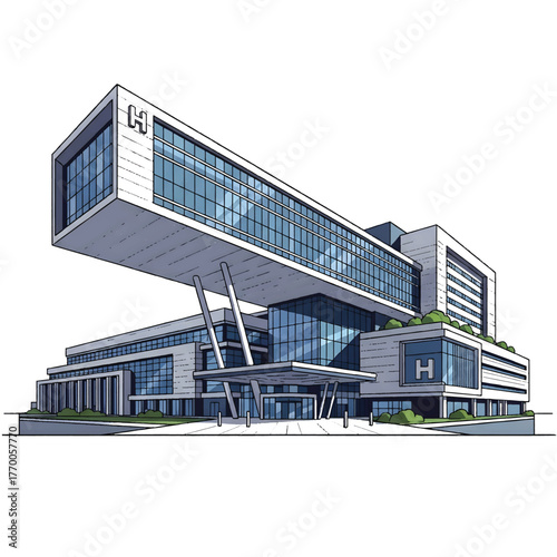 Modern Hospital with a Cantilevered Upper Floor