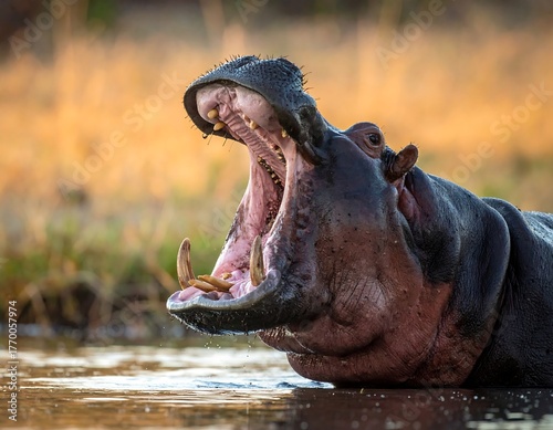 A yawning hippo displays formidable teeth in its watery habitat