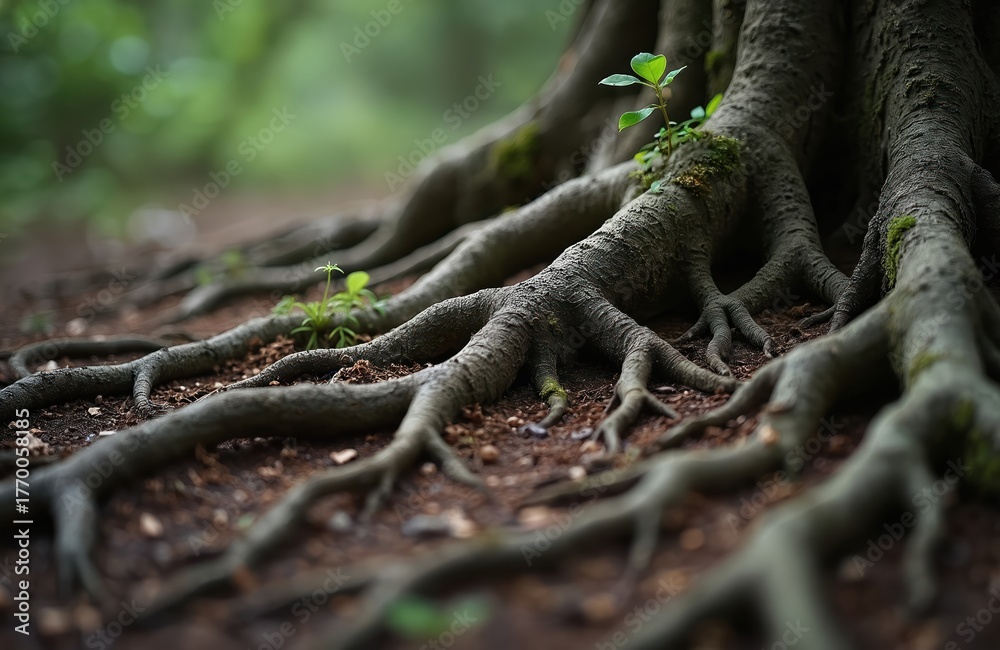 Obraz premium Exposed tree roots spread across forest floor. Small plant grows near big stem. Ground covered with fallen leaves. Nature scene show vitality resilience of forest ecosystem, environment balance.