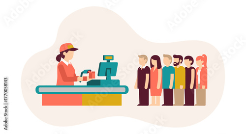 An illustration depicts a cashier at a checkout counter, serving customers who are waiting patiently in a line, creating a scene of commerce.