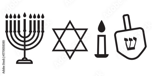 Hanukkah Elements Set. Simple vector outline icons of traditional Jewish holiday symbols. Hand drawn minimal design collection.