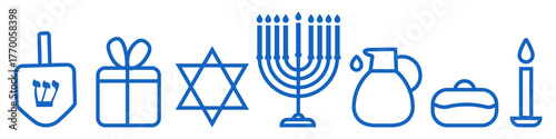 Simple Hanukkah Icons. Outline vector collection of hand drawn Jewish holiday symbols. Minimal judaica design set with traditional elements on white background.