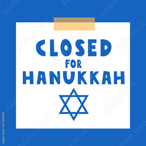 Paper note vector illustration with Star of David and text - Closed on Hanukkah. Flat simple design for holiday notice on blue background.