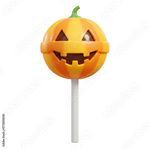 Halloween pumpkin lollipop with orange stripes and a smiling face on transparent background