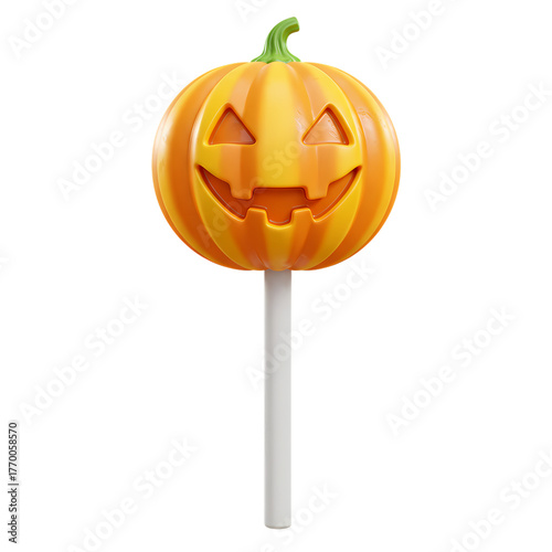 Halloween pumpkin lollipop with a smiling face on a stick against a black backdrop on transparent background