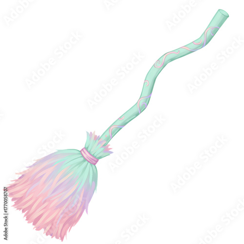 Pastel witch broom with pink and blue bristles for magical cleaning concepts on transparent background