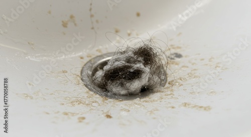 Clogged bathroom sink drain with hair and soap residue in white porcelain basin closeup