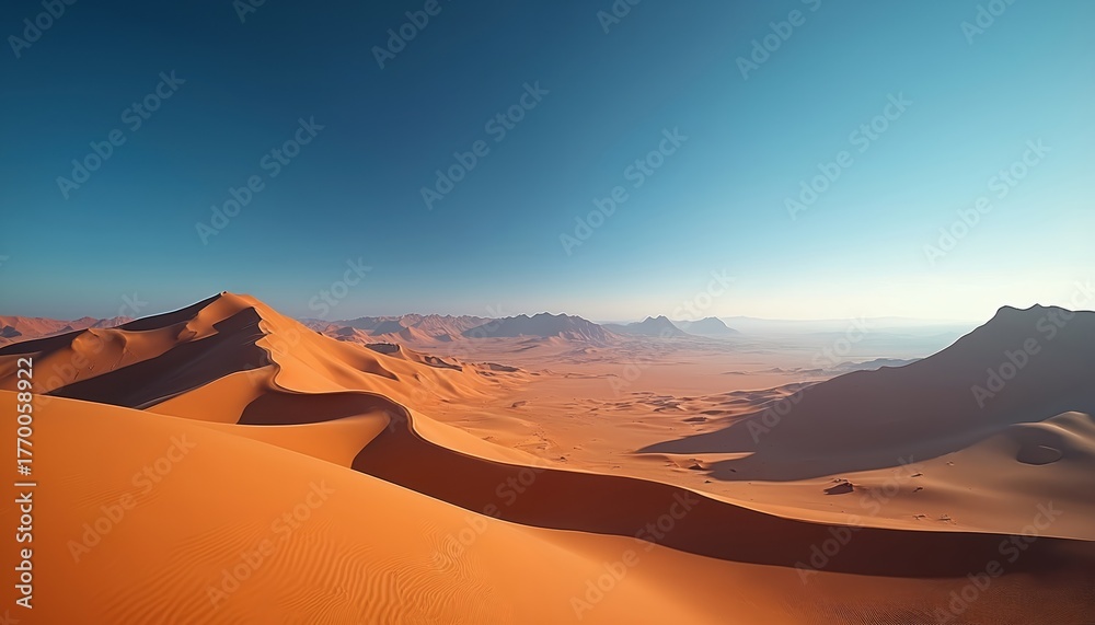 Naklejka premium Vast Namib Desert landscape shows huge orange sand dunes under bright blue sky. Distant mountains stretch across horizon. Warm sunlight illuminates patterns, textures on immense arid terrain. Serene