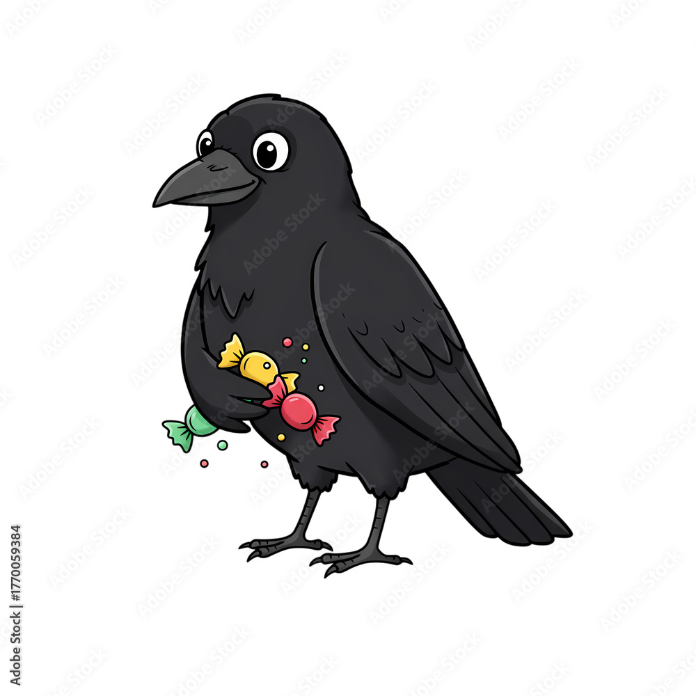Fototapeta premium Cartoon crow holding colorful candy perfect for halloween themed designs and art on transparent background
