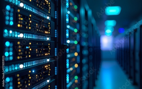 Close-up of illuminated server racks in a high-tech data center, representing cloud computing, networking, and cybersecurity. Ideal for IT, security, and infrastructure themes. High quality