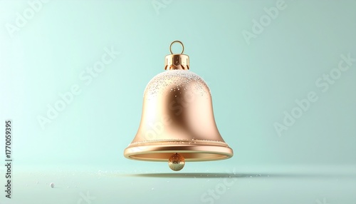Elegant golden Christmas bell ornament with a sprinkle of snow, isolated on a soft pastel mint green background. A minimalist concept for holiday decoration