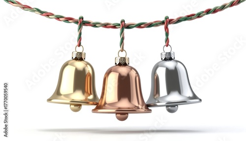 Trio of polished metal bells in golden, silver, and bronze tones, a classic holiday ornament for Christmas celebration and decoration