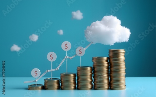 Cloud computing cost symbolized by a stack of coins, rising financial graphs, and cloud icons depicting increasing expenses in digital technology. High quality