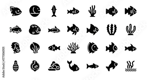 Collection of aquatic life glyph icons. A simple black vector silhouette set of various fish, coral, and underwater sea creatures for design