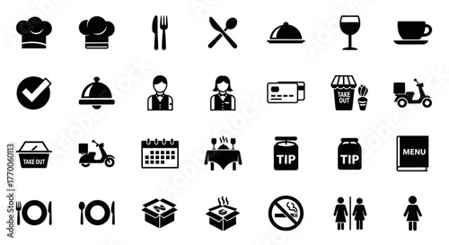 A comprehensive collection of black glyph icons for restaurant, cafe, and food delivery services, perfect for web and app design
