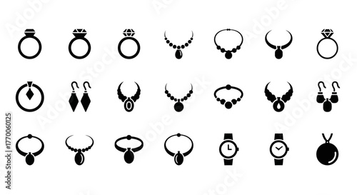 Set of minimalist jewelry icons in a flat glyph style. Vector graphics collection includes rings, necklaces, watches, and accessories