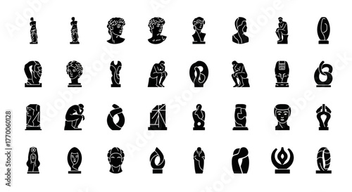 Collection of ancient art icons in a minimalist black glyph style. Set includes classical sculptures, historical statues, and antique artifacts