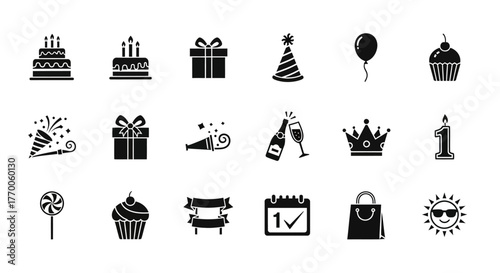 Birthday party solid glyph icon set for celebration and events. Collection of simple vector symbols including cake, gift, balloon, and decorations