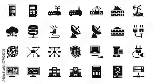 Modern glyph icon set illustrating concepts of internet technology, data centers, network communication, and server infrastructure