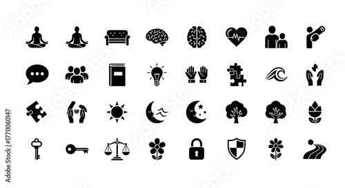 A collection of glyph symbols representing the kufu journey of personal growth, mental wellness, and mindful balance