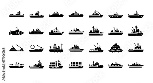 A diverse set of maritime transportation vector icons. Includes various silhouettes of warships, submarines, cargo ships, and other boats