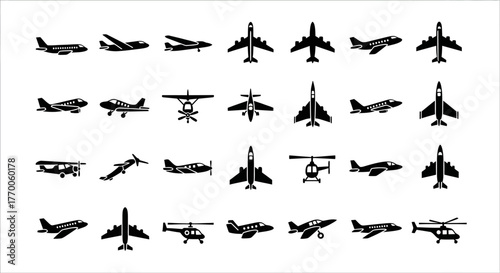 A diverse collection of vector silhouette icons featuring various aircraft, airplanes, and helicopters for transportation design