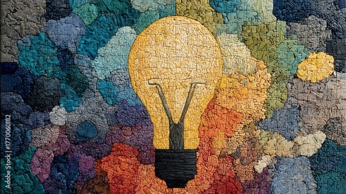 Beautiful intricate puzzle where each piece is a different vibrant color and material fitting together perfectly to form a glowing cohesive image of a lightbulb