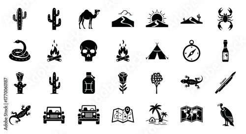 A collection of thirty-one vector glyph icons representing desert travel, wildlife, and safari adventure elements