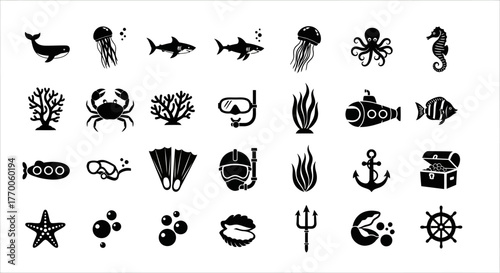 A creative collection of black silhouette icons representing sea life, marine animals, and various underwater nautical elements