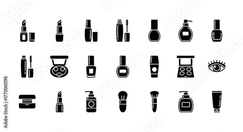 Beauty and cosmetics solid icon pack for glamour design. Vector silhouette collection of makeup products like lipstick, mascara, and eyeshadow