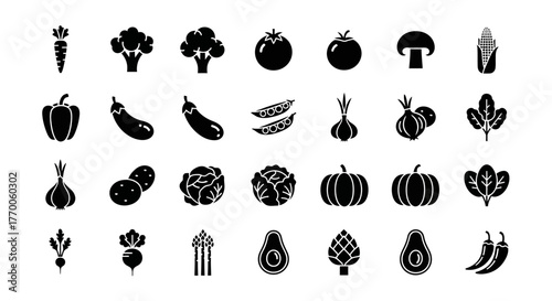 A comprehensive set of vegetable icons in a solid black glyph style. Vector collection of fresh produce for healthy eating and culinary concepts