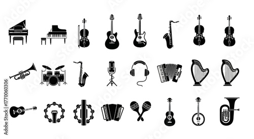 Flat design music icon set featuring various orchestra and band instruments, a simple silhouette vector graphic collection