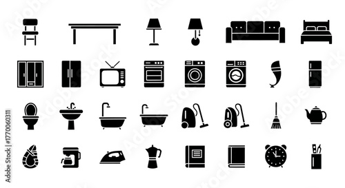 A collection of solid black glyph icons representing various household items, furniture, and home appliances for interior design and everyday living