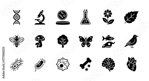 A comprehensive set of flat black glyph icons representing various concepts in biology, nature, and life sciences