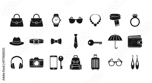 A versatile vector collection of black glyph icons depicting personal accessories, fashion items, and travel essentials