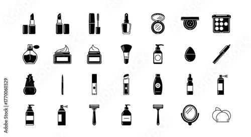 Comprehensive glyph icon set of beauty, cosmetics, and personal care products. Includes makeup, skincare, and grooming tools in a flat silhouette style