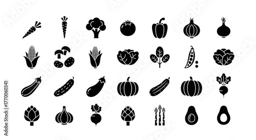 Comprehensive collection of solid black vegetable glyph icons representing fresh farm produce for healthy eating concepts