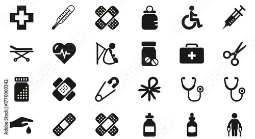 Vector illustration of essential medical equipment and health symbols in a simple black icon set