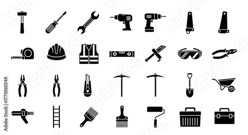 Vector silhouette icons of construction tools and equipment, a kufu set of glyphs for building, repair, and do-it-yourself projects