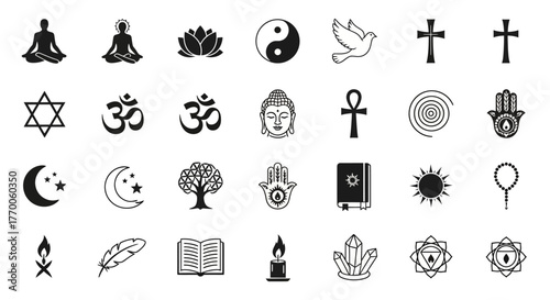 A comprehensive vector set of sacred symbols representing world religions, spiritual practices, and mindfulness concepts for personal growth and development