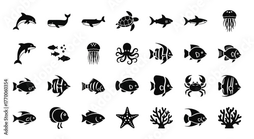Monochrome glyph icon set of marine life and sea animals. Collection includes fish, whale, dolphin, turtle, shark, and coral vector symbols