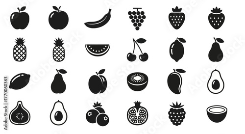 Flat design fruit silhouette icon set. A vector collection of simple food glyphs like apple, berry, and avocado for healthy lifestyle concepts