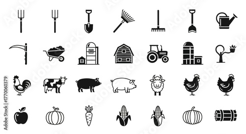 A comprehensive collection of monochrome farming icons featuring agricultural tools, livestock, farm buildings, and harvest produce symbols