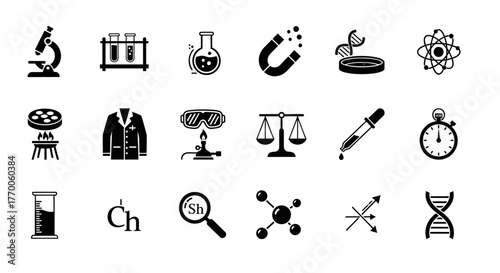 A comprehensive set of monochrome glyph icons representing scientific research, chemistry, and laboratory equipment