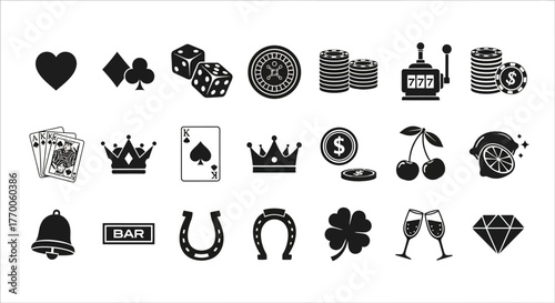 Gambling and casino solid glyph icons set. A creative collection of symbols representing luck, fortune, and betting games for design