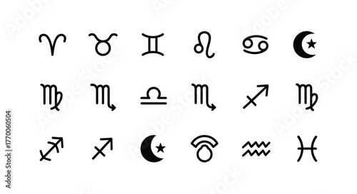 Resourcefully designed astrological symbol set featuring all twelve zodiac signs. Clean line icons for modern design projects