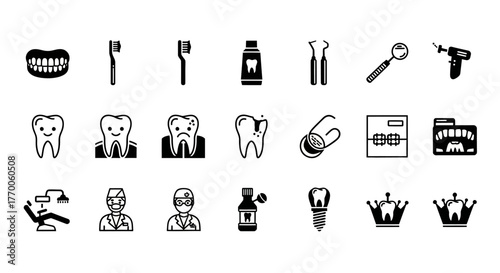 A comprehensive set of line art icons for dentistry, stomatology, and orthodontics, representing dental care tools and oral hygiene concepts